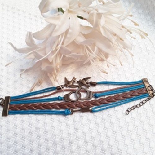  1 bracelet 17cm coton enduit bleu marron flèche,oiseau,menotte bronze simili cuir