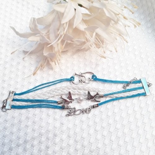 1 bracelet 17cm coton enduit bleu love oiseau coeur argent tibétain simili cuir