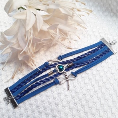 1 bracelet 16cm coton enduit bleu coeur libellule infini argent tibétain simili cuir