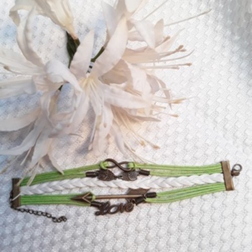 1 bracelet 17cm coton enduit vert hibou flèche love infini bronze simili cuir