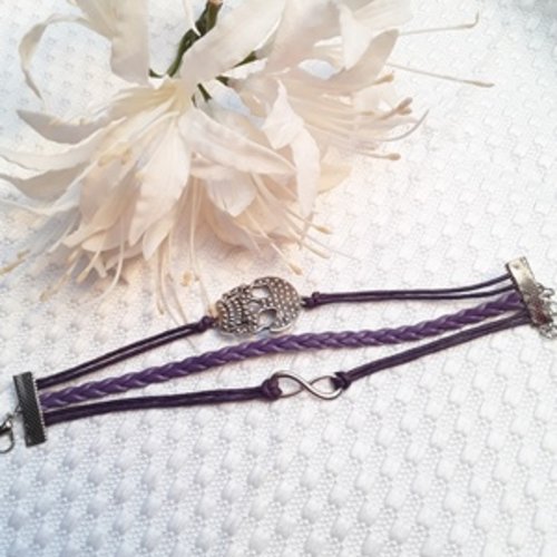 1 bracelet 15cm coton enduit violet tête de mort infini argent tibétain simili cuir