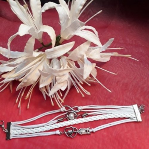  1 bracelet 16cm coton enduit blanc love,flèche coeur infini argent tibétain simili cuir
