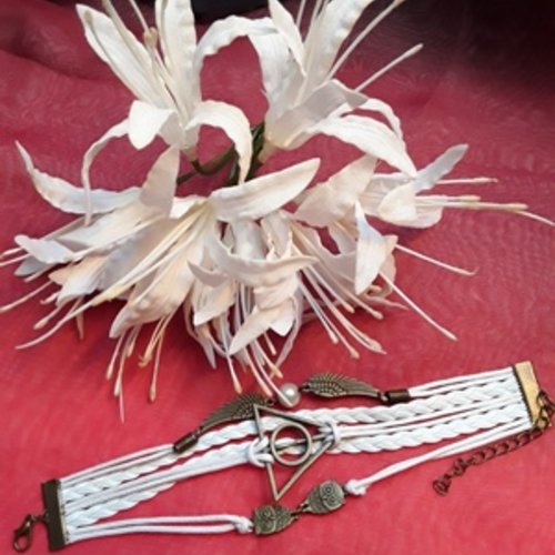 1 bracelet 17cm coton enduit blanc relique de la mort hibou aile bronze simili cuir
