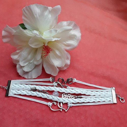 1 bracelet 17cm coton enduit blanc love,infini,aile,coeur argent tibétain simili cuir
