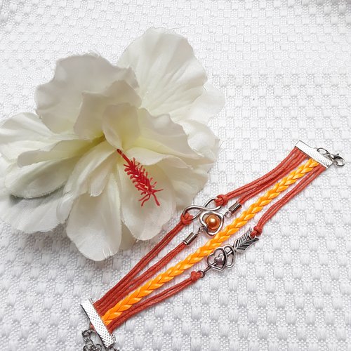 1 bracelet 16cm coton enduit orange coeur infini perle argent tibétain simili cuir