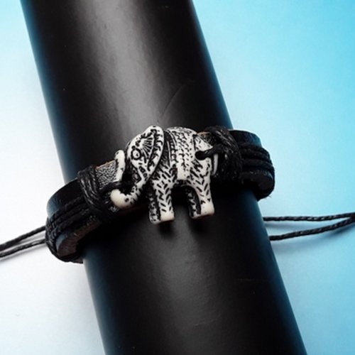 1 bracelet cuir éléphant 17cm résine fermoir à corde ciré 