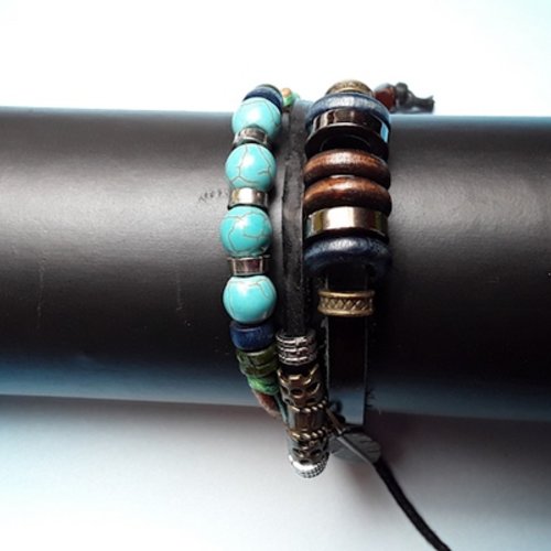 1 bracelet cuir noir 18cm perles breloques corde ciré