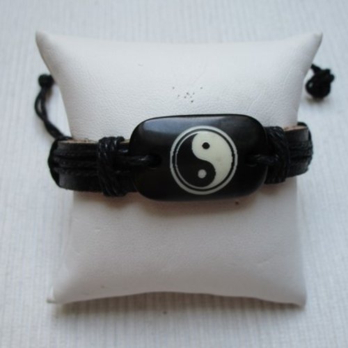 1 bracelet noir signe ying yang 18cm cuir résine corde ciré 