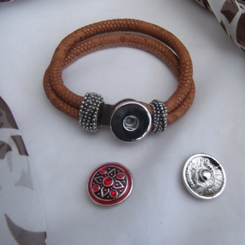 Support de bracelet pression café simili cuir argent tibétain