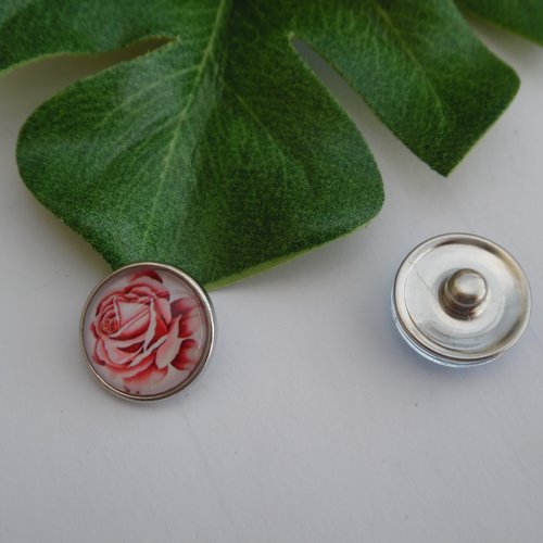  1 bouton pression bijou 1.8cm fleur rose verre métal