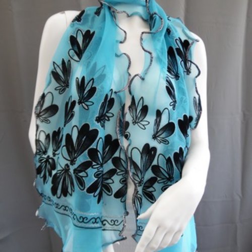   foulard étole châle bleu et noir souple à rebord bouclé argenté polyester