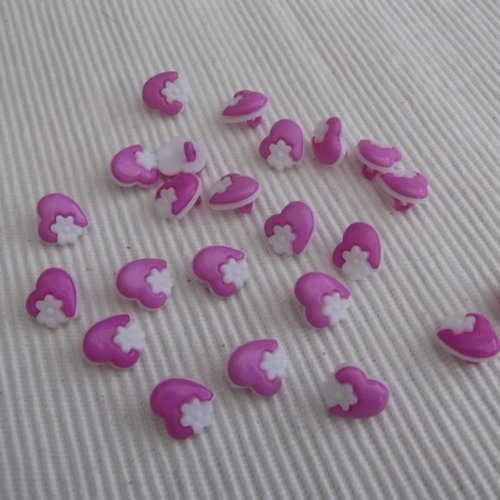 10 boutons coeur et fleur mauve 13.5x15x4.5mm acrylique