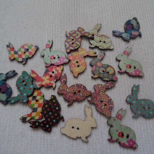 5 boutons lapin 30x30x2.5mm mixte bois brulé multicolore