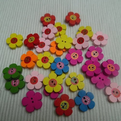   lot de 6 boutons fleurs mixtes 19x3.5mm bois
