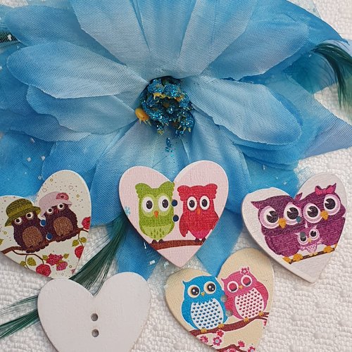 5 boutons coeur hibou chouette 34x34x3mm mixte bois