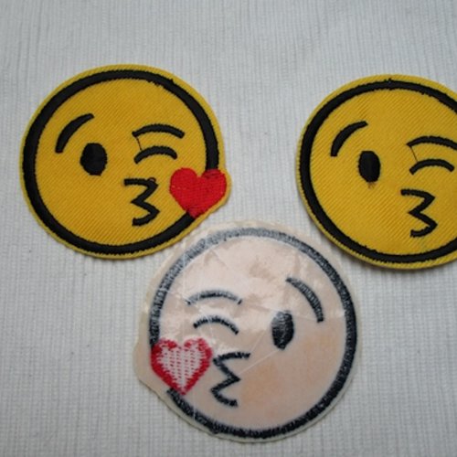 1 applique écusson smiley émoticône 6cm jaune noir velours brodé