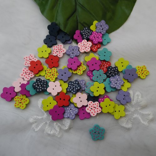  lot de 10 boutons fleurs à pois 15x3mm bleu marine bois