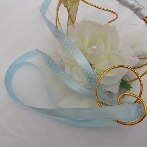 1m ruban satin bleu ciel à pois blanc 10mm