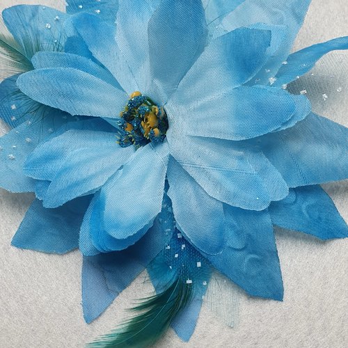  1 fleur bleue 15cm organza tulle à pois 