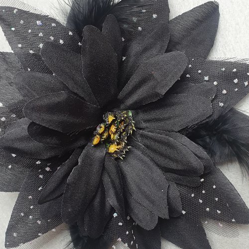  1 fleur noire 15cm organza tulle à pois