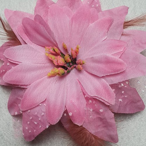  1 fleur rose 15cm organza tulle à pois 