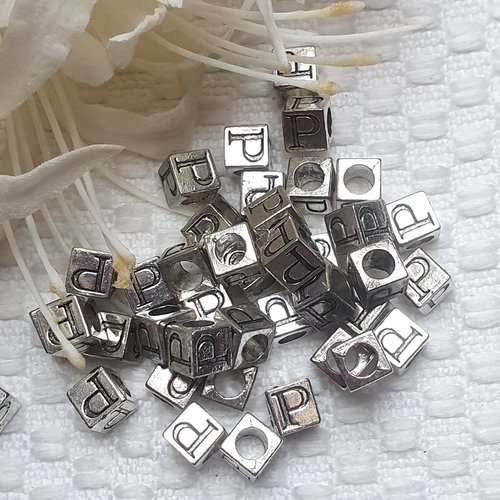 1 perle lettre p alphabet 7.4mm argent tibétain trou de 4.5mm