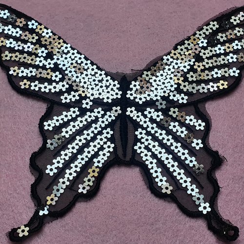 1 applique miroir papillon noire 15x12.5cm voile tulle sequin
