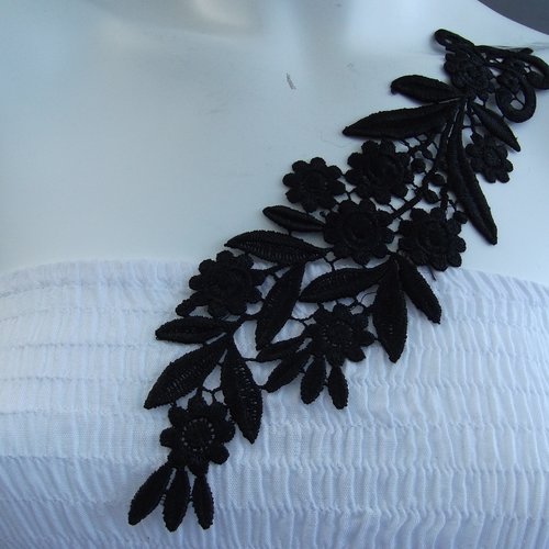 Applique fleur noire 27x7.5cm guipure coton enduit an009a