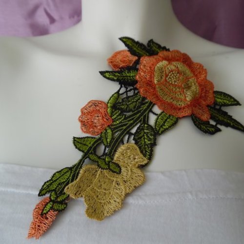 Applique guipure dentelle vert orange jaune fleur gpc2a