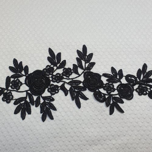 Applique fleur noire guipure coton enduit dentelle 34x12.5cm  an037a