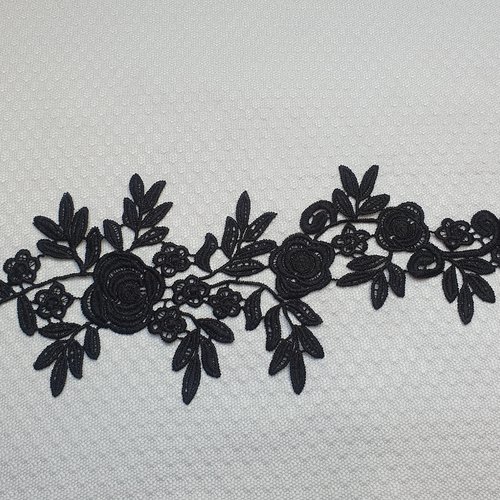 Applique fleur noire guipure coton enduit dentelle 34x12.5cm  an037b