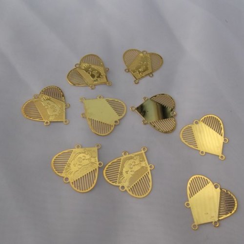 2 pendentifs connecteurs bijoux coeur perruche perroquet filigrane 26x6mm doré