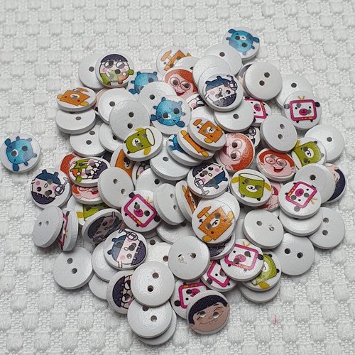 Lot de 6 boutons mixtes dessins animés 15mm bois
