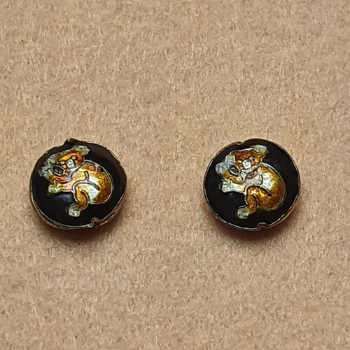 2 perles cloisonnées palet ronde noire koala 13x6mm