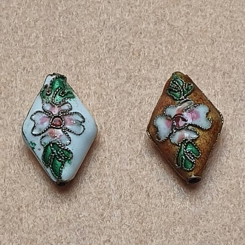 2 perles cloisonnées losange blanche 20x13mm