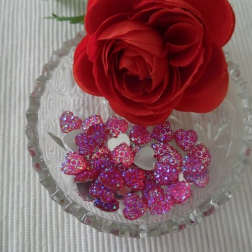 5 cabochons coeur pépite rose fuchsia reflet ab 12x11.5mm résine