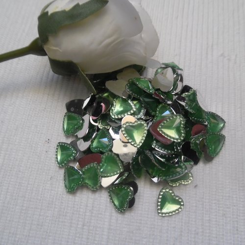 5 cabochons coeur strass à facette perlé vert 12x11.6mm acrylique