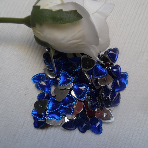 5 cabochons coeur strass à facette perlé bleu roi 12x11.6mm acrylique