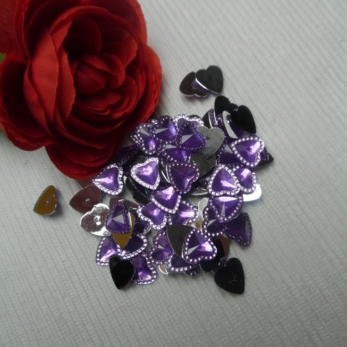 5 cabochons coeur strass à facette perlé violet mauve 12x11.6mm acrylique