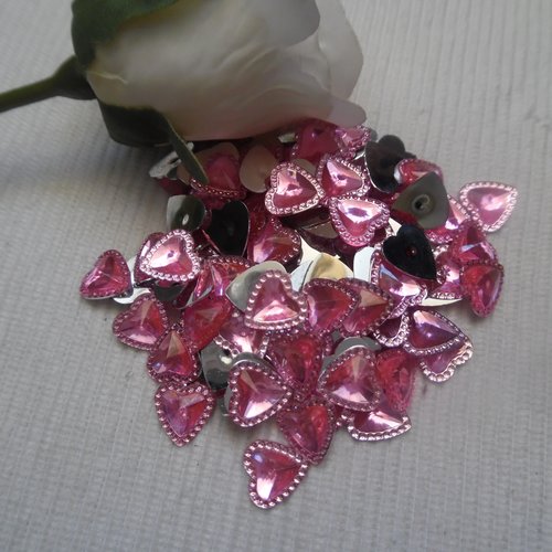 5 cabochons coeur strass à facette perlé rose 12x11.6mm acrylique