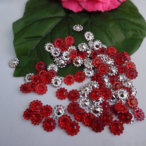 15 cabochons fleur strass perlé rouge 11mm acrylique