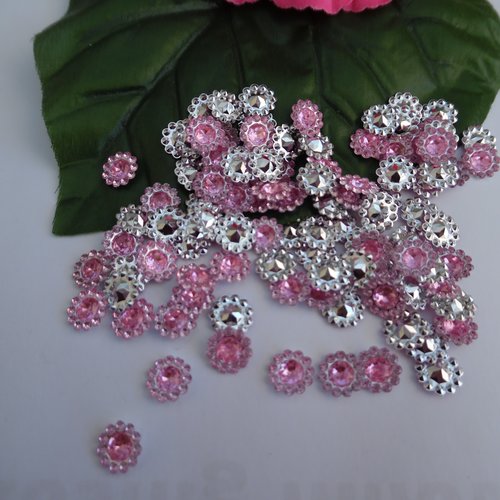 15 cabochons fleur strass perlé rose 11mm acrylique