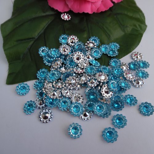 15 cabochons fleur strass perlé bleu 11mm acrylique