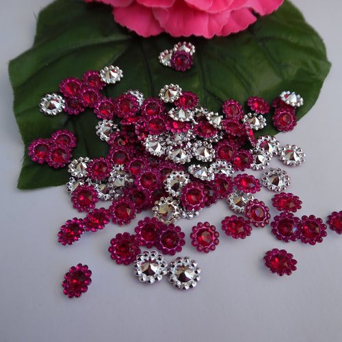 15 cabochons fleur strass perlé fuchsia 11mm acrylique