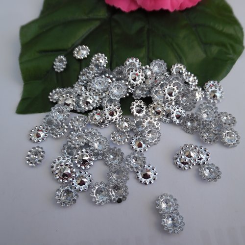 15 cabochons fleur strass perlé argenté 11mm acrylique
