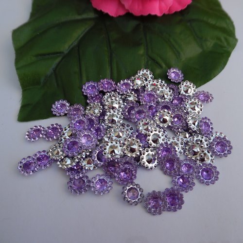 15 cabochons fleur strass perlé mauve 11mm acrylique