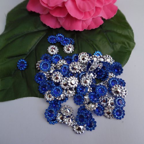 15 cabochons fleur strass perlé bleu roi 11mm acrylique