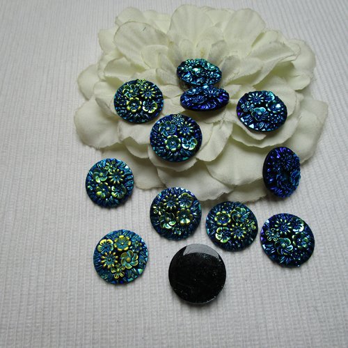 2 cabochons fleur rond bleu roi doré nacré à reflet 24.3mm résine