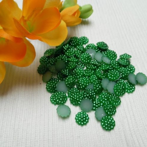 10 cabochons rond perlé vert foncé nacré 10mm résine épaisseur 3.2mm