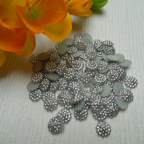 10 cabochons rond perlé gris argenté nacré 10mm résine épaisseur 3.2mm